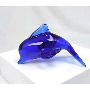 Art Glass Dolphin Hand Blown‎ Cobalt Blue Paperweight 4.5"x2.5"